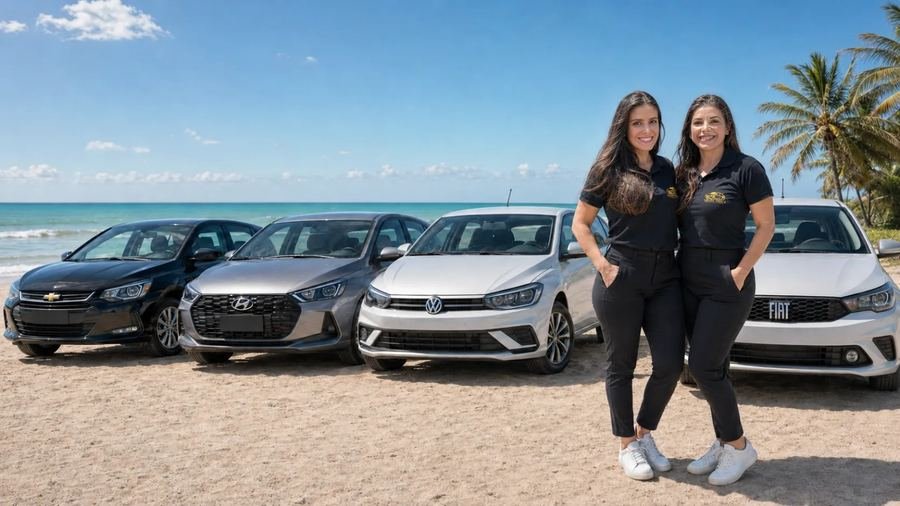 Equipe da Lokar Move ao lado da frota de carros para aluguel em uma praia de Maceió, Alagoas
