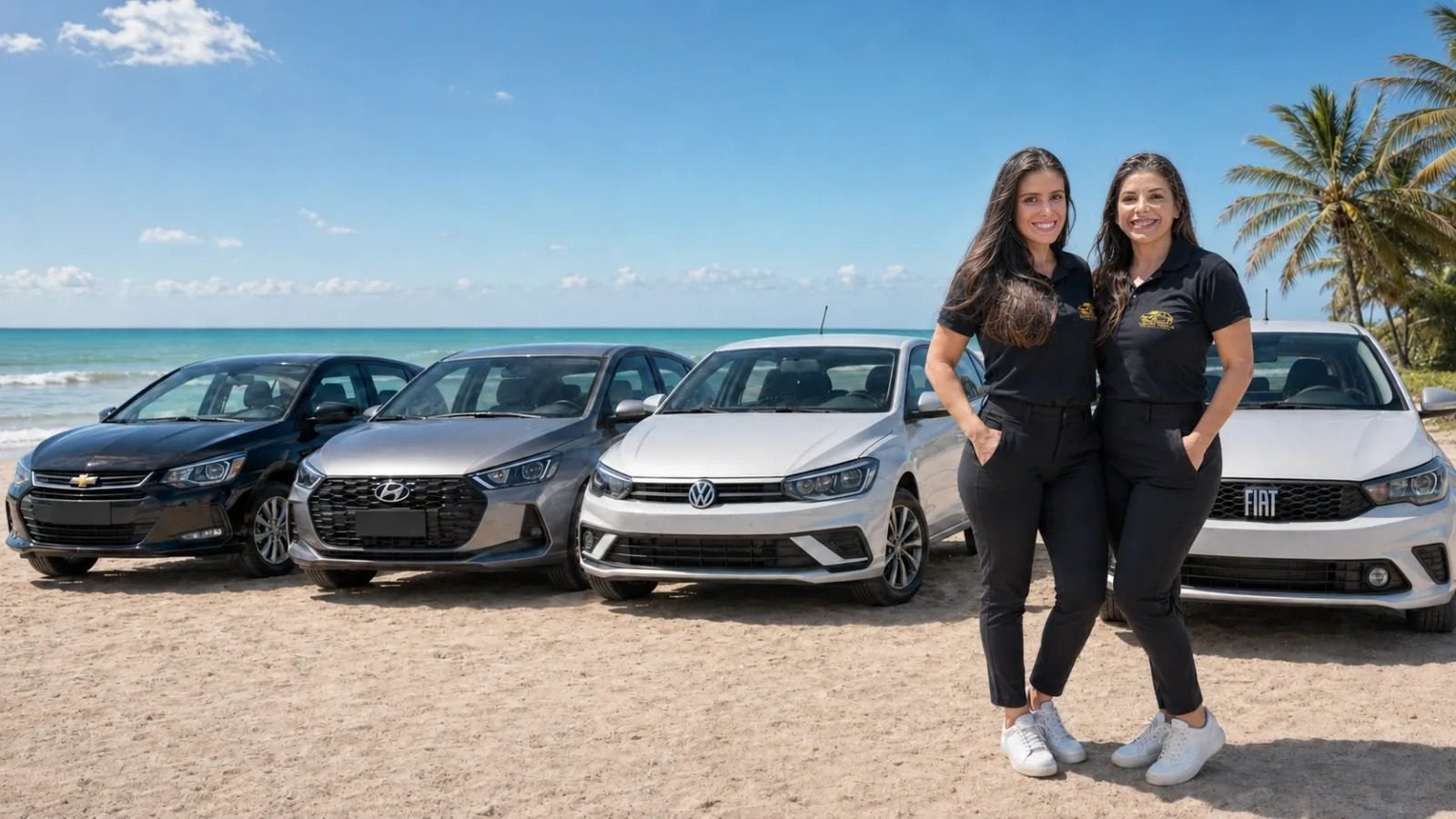 Equipe da Lokar Move com a frota de carros em uma praia de Maceió, Alagoas